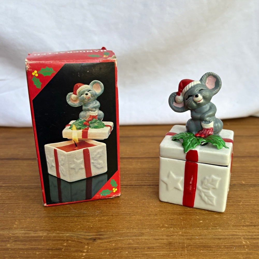 Hand Painted Ceramic Mouse Scented Candle Sitting on a Gift Box Christmas 4"